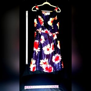 Navy blue and pink floral fit and flare dress